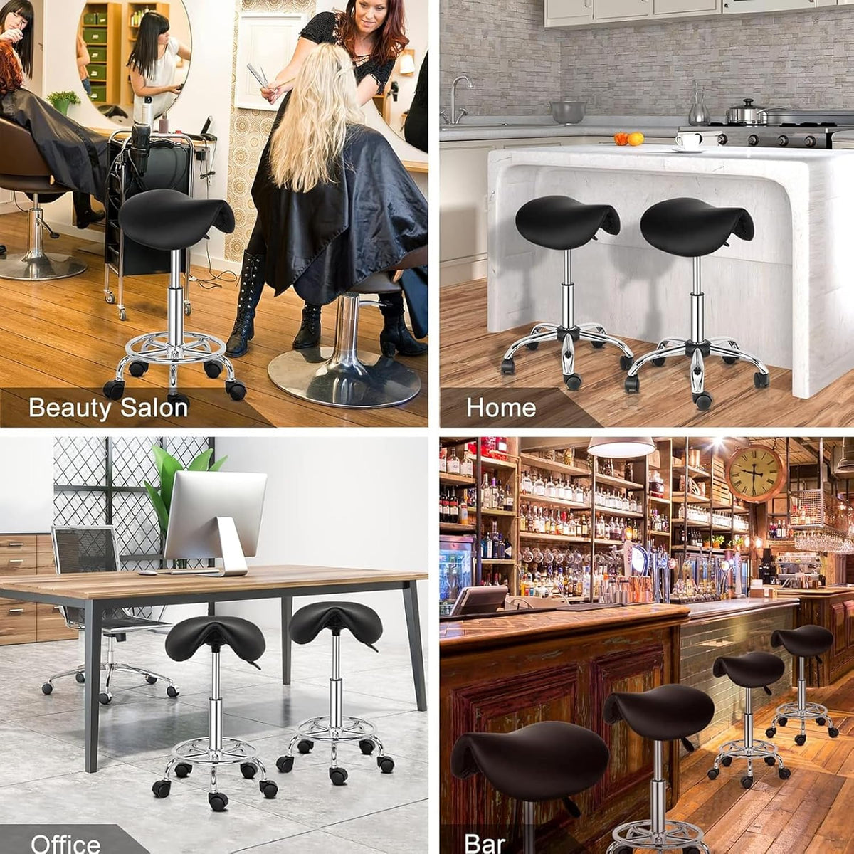 Rolling Stool Chair PU Leather Height Adjustable Swivel Drafting Work SPA Shop Medical Salon Stools with Wheels Office Chair,Black