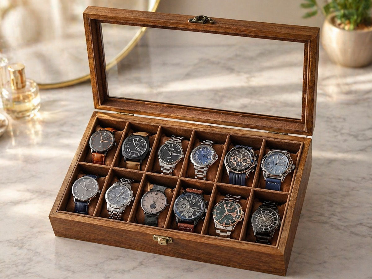 12 Slot Watch Box Organiser- Rustic Walnut