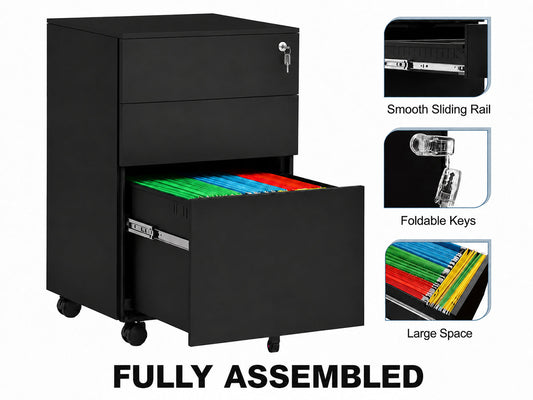 Office Cabinet with Wheels and Lock - Black