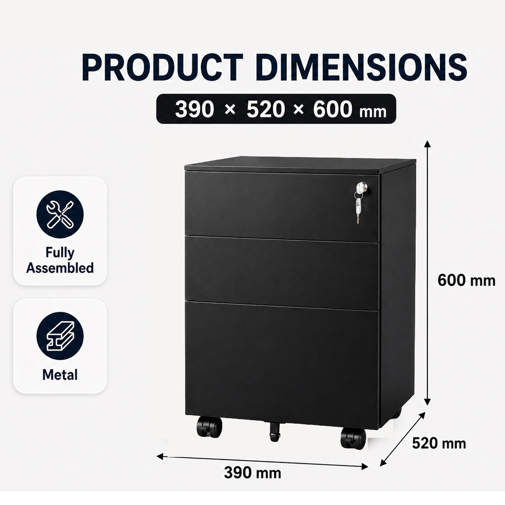 Office Cabinet with Wheels and Lock - Black