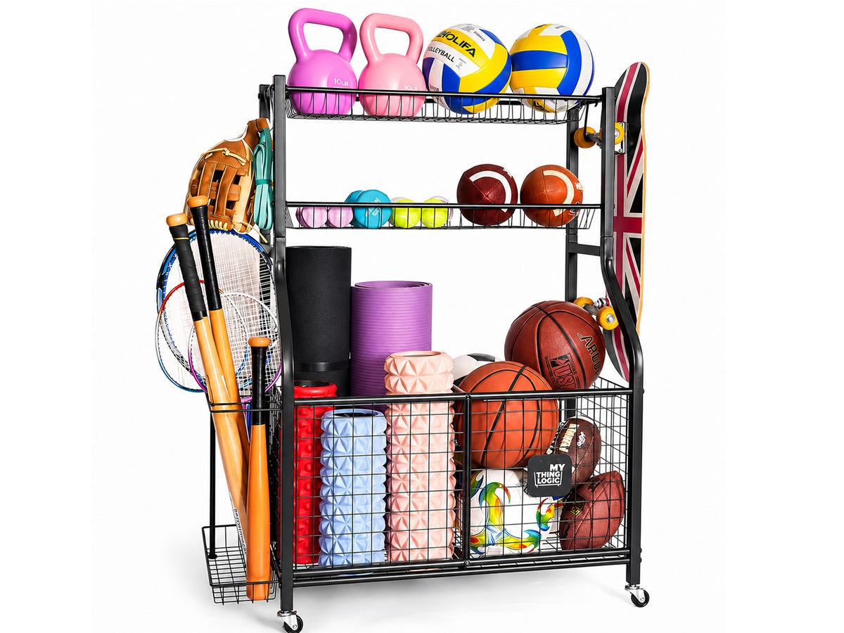Sports Equipment Organizer Storage with Wheels Multi-Sport Garage Gym