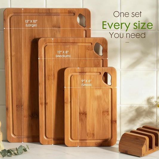 3Pcs Bamboo Cutting Board Set with Stand Reversible Chopping Boards