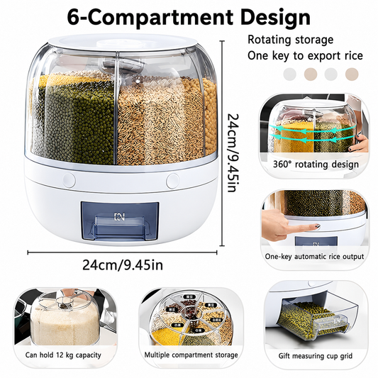 6-Compartment Rotating Rice & Dry Food Dispenser – 13L Grey Pantry Organiser