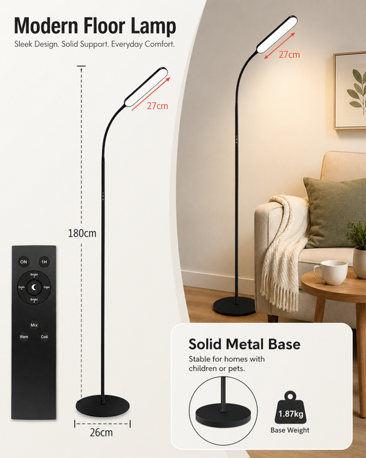 LED Floor Lamp with Remote, Touch Control, Dimmable Light & Adjustable Gooseneck