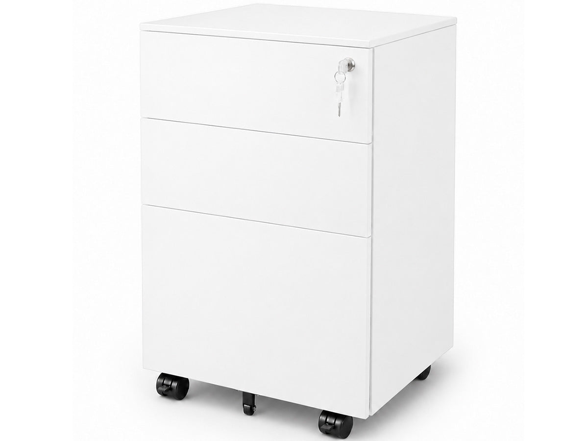 Office Cabinet with Wheels and Lock - White