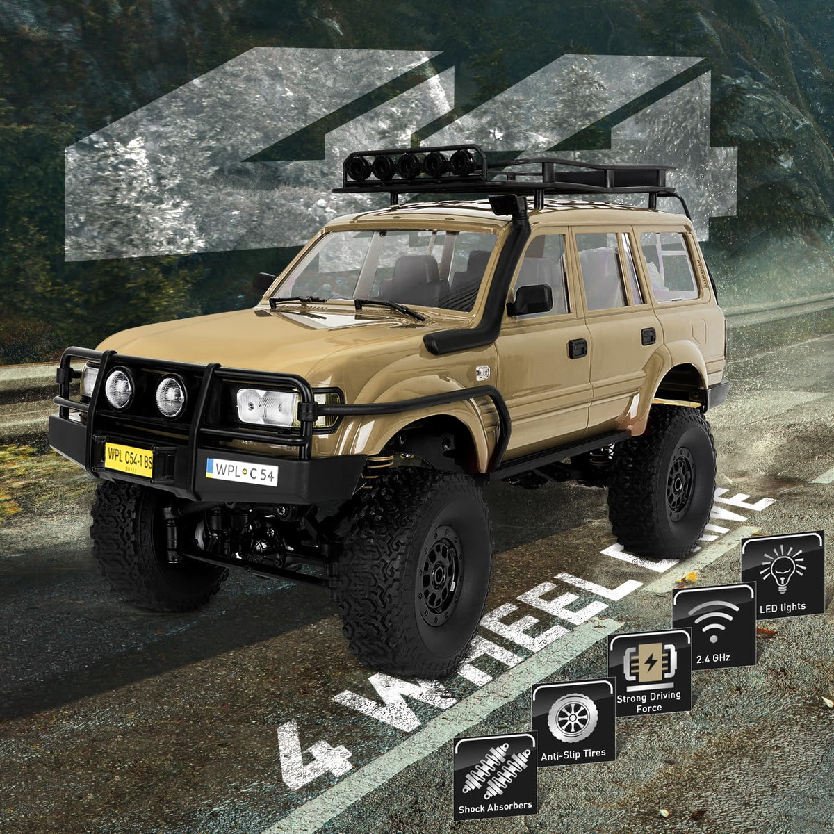 RC Rock Crawler Truck – 1:16 Scale 4WD Off-Road RC SUV with LED Lights, Snorkel, Roof Rack and 2 Rechargeable Batteries