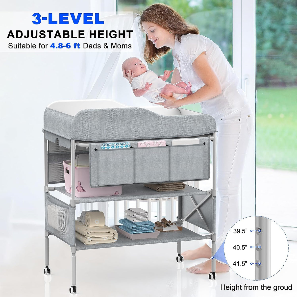 Foldable Nappy Changing Diaper Station with Adjustable Height & Storage