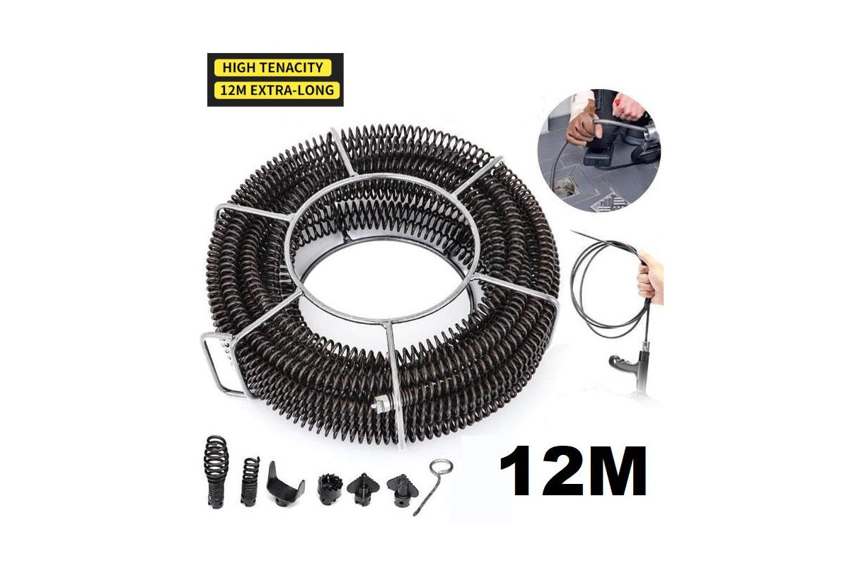Plumber Drain Snake Pipe Pipeline Sewer Cleaner 12M 6 Drill Bit Tool