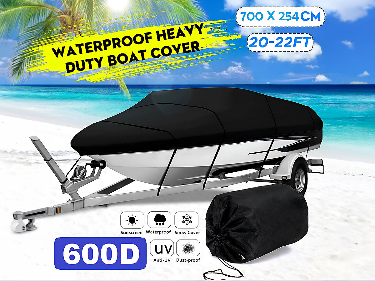 Boat Cover Heavy Duty – 600D Black Trailerable Boat Cover for 20–22ft V-Hull