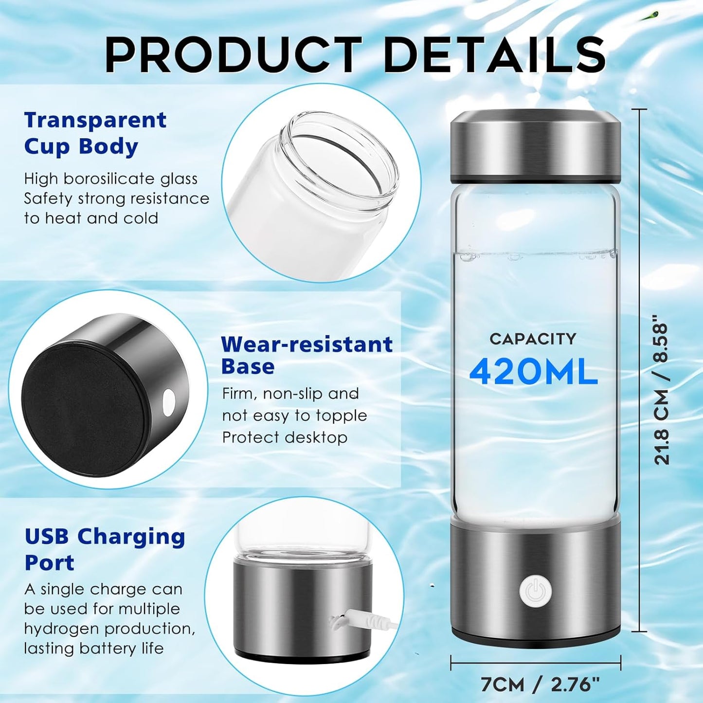 450ml Hydrogen Generator Water Bottle USB Hydrogen Water Ionizer Machine Portable Rechargeable Hydrogen-Infused Water Maker