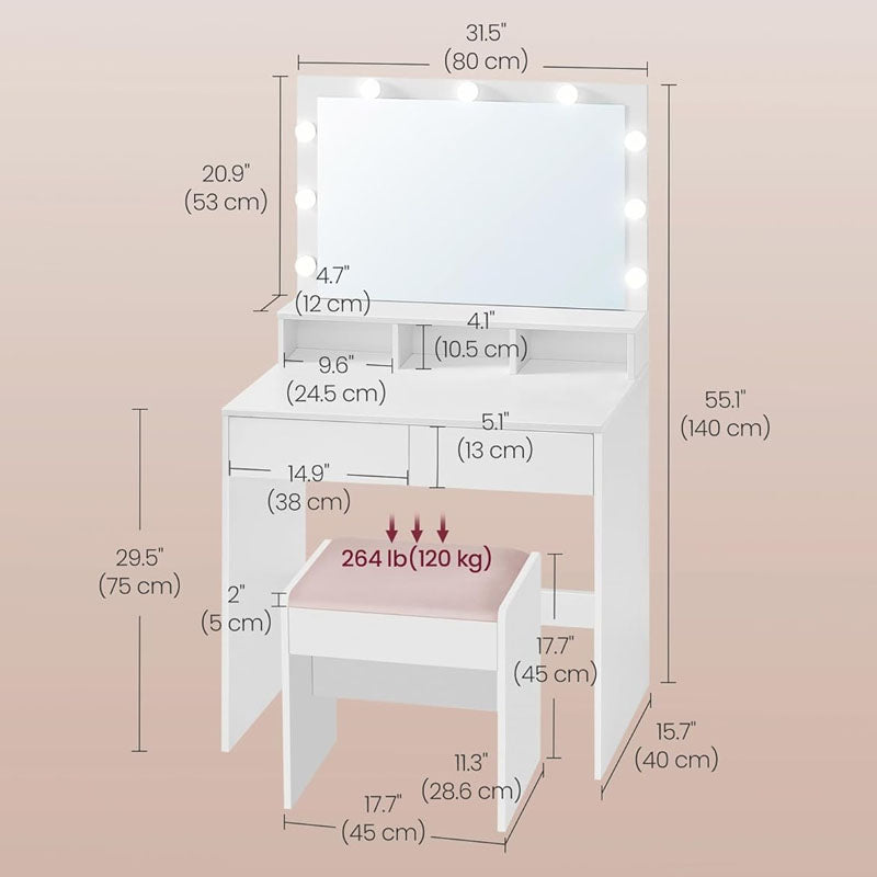 Ziva Dressing Table with Drawers and Lighted Mirror and Stool