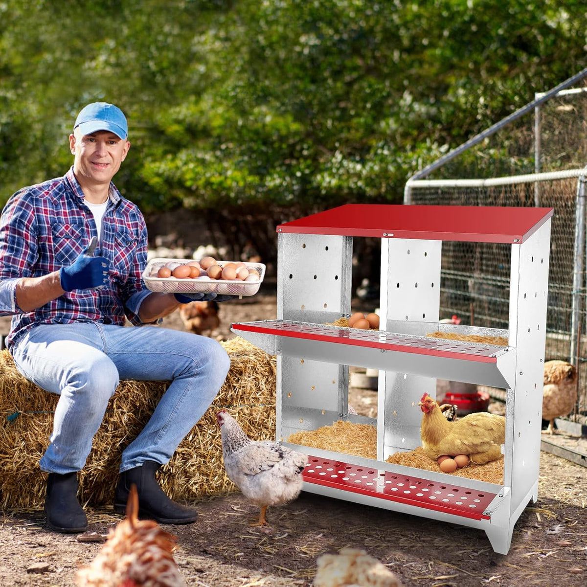 Nesting Box Chicken Hen Roll Away Laying Nest Boxes Chook Brooder 4 Compartment
