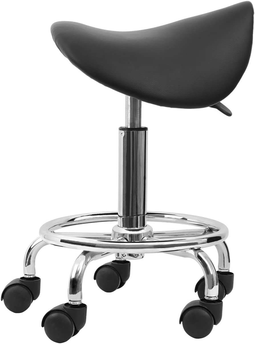Rolling Stool Chair PU Leather Height Adjustable Swivel Drafting Work SPA Shop Medical Salon Stools with Wheels Office Chair,Black