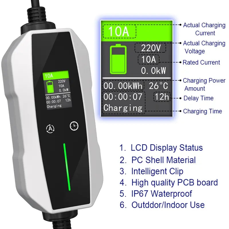 Smart EV Charger Type 2 - 2.3kW | 10A | 5Metre