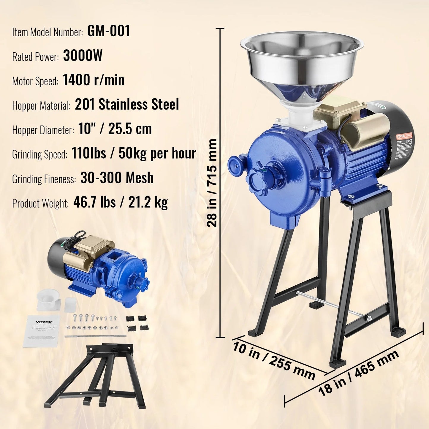 3000W Electric Grain Grinder Corn Wheat Flour Cereal Mill Wet & Dry