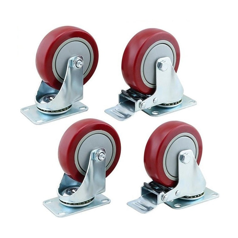 Caster Wheels Kit 100mm 4inch 2 with brakes+2 without brakes Red