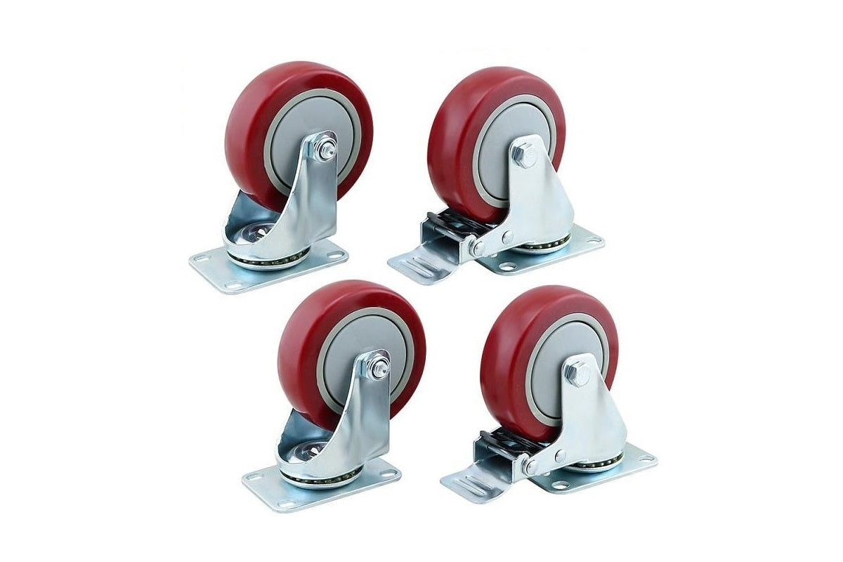 Caster Wheels Kit 100mm 4inch 2 with brakes+2 without brakes Red