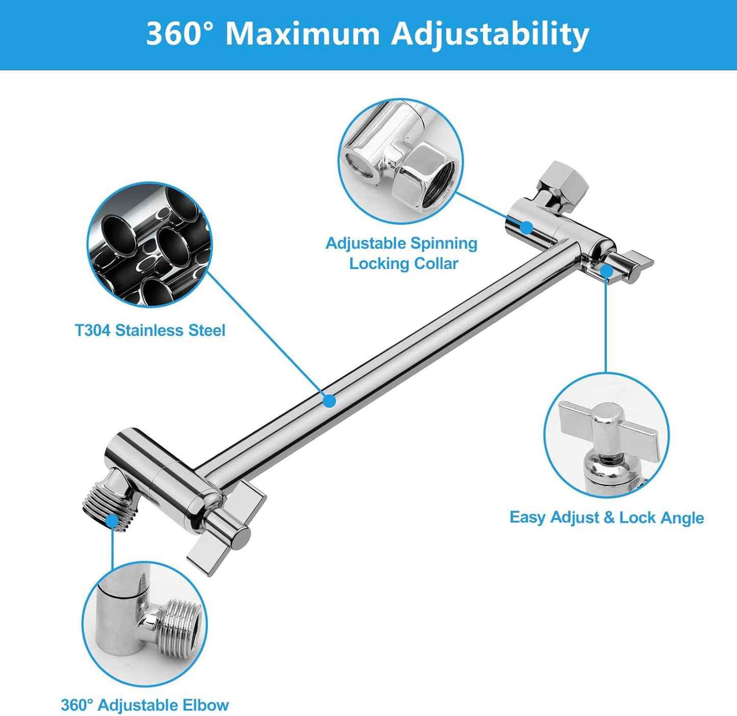Shower Head Extension Arm (Silver, 11-inch Extension)