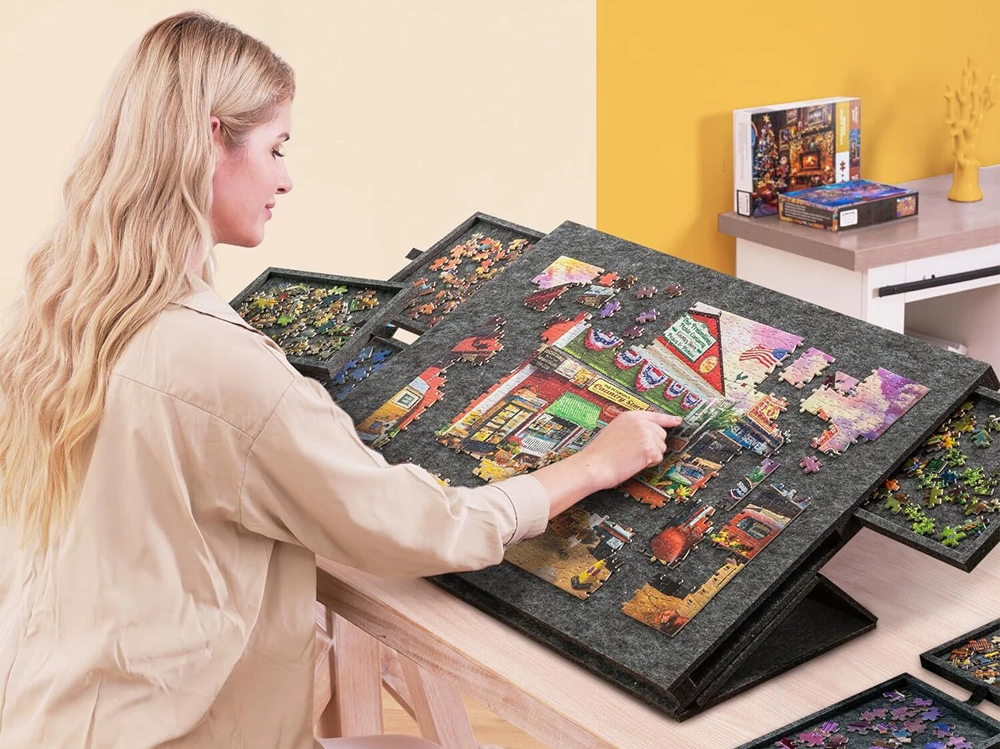 Tilting Portable Jigsaw Puzzle Table with 2 in 1 Stand & Cover Lightweight Felt Puzzle Board with 6 Drawers