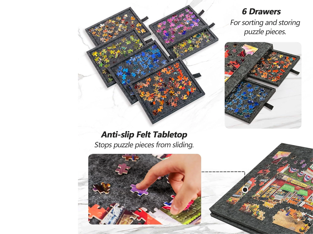 Tilting Portable Jigsaw Puzzle Table with 2 in 1 Stand & Cover Lightweight Felt Puzzle Board with 6 Drawers
