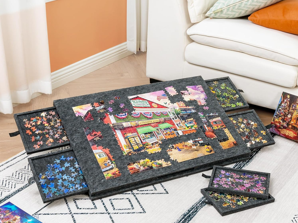 Tilting Portable Jigsaw Puzzle Table with 2 in 1 Stand & Cover Lightweight Felt Puzzle Board with 6 Drawers