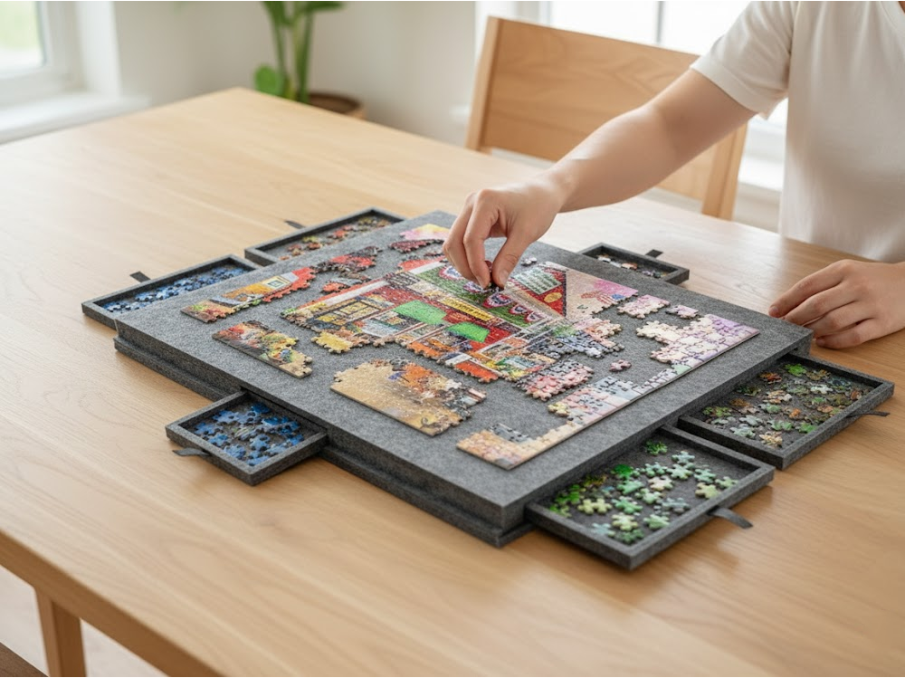 Tilting Portable Jigsaw Puzzle Table with 2 in 1 Stand & Cover Lightweight Felt Puzzle Board with 6 Drawers