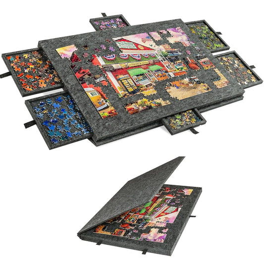 Tilting Portable Jigsaw Puzzle Table with 2 in 1 Stand & Cover Lightweight Felt Puzzle Board with 6 Drawers