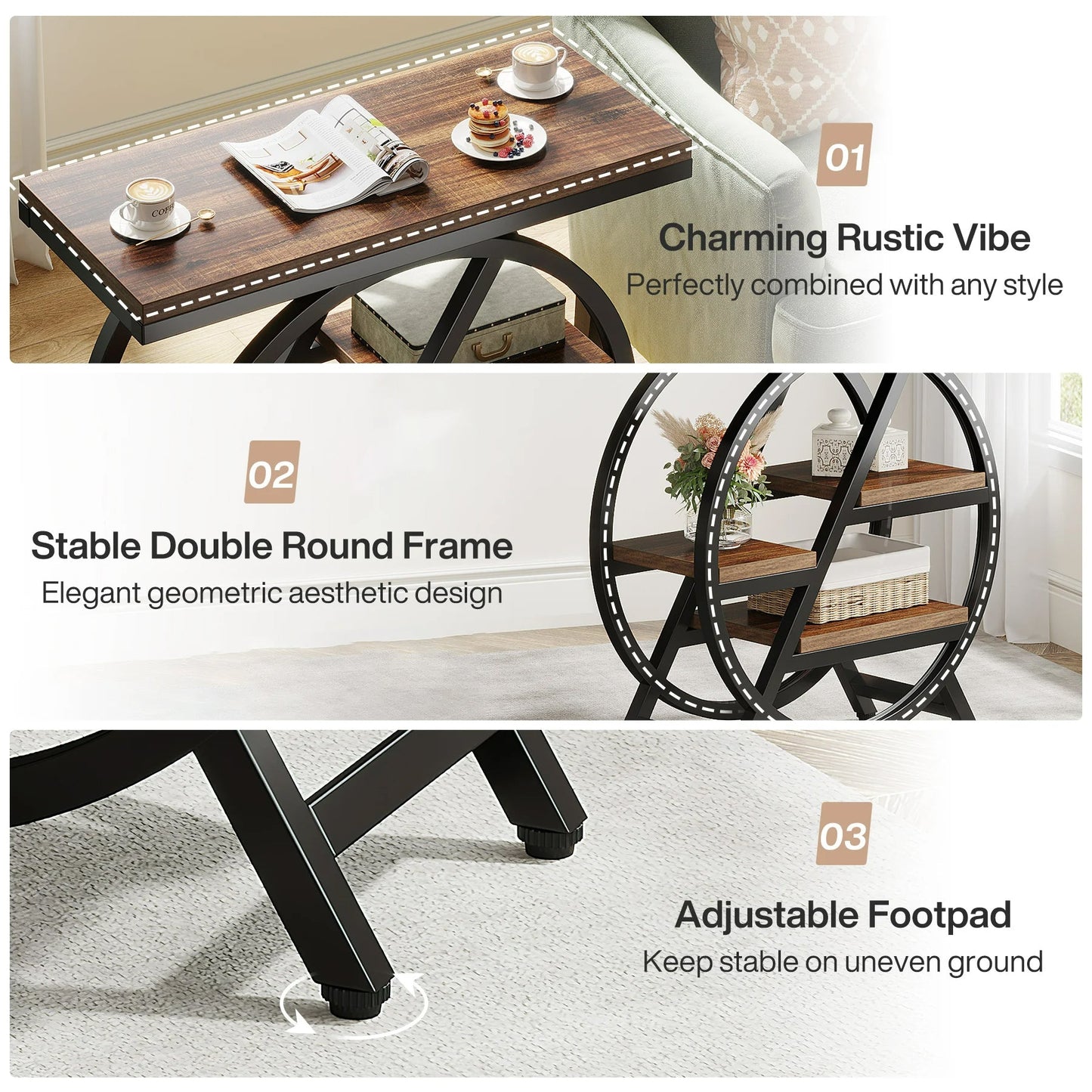 3 Tier Side Table with Storage Shelf Narrow End Table