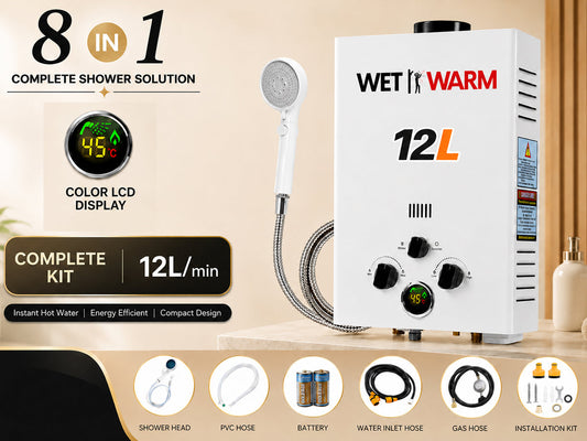 Gas Water Heater 8 in 1 - 12L Portable Camping Outdoor Instant Hot Shower Heating System