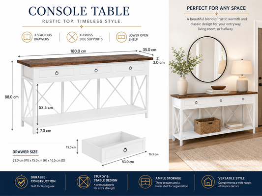 Ziva Console Table Hall way Entry Table with 3 Drawers