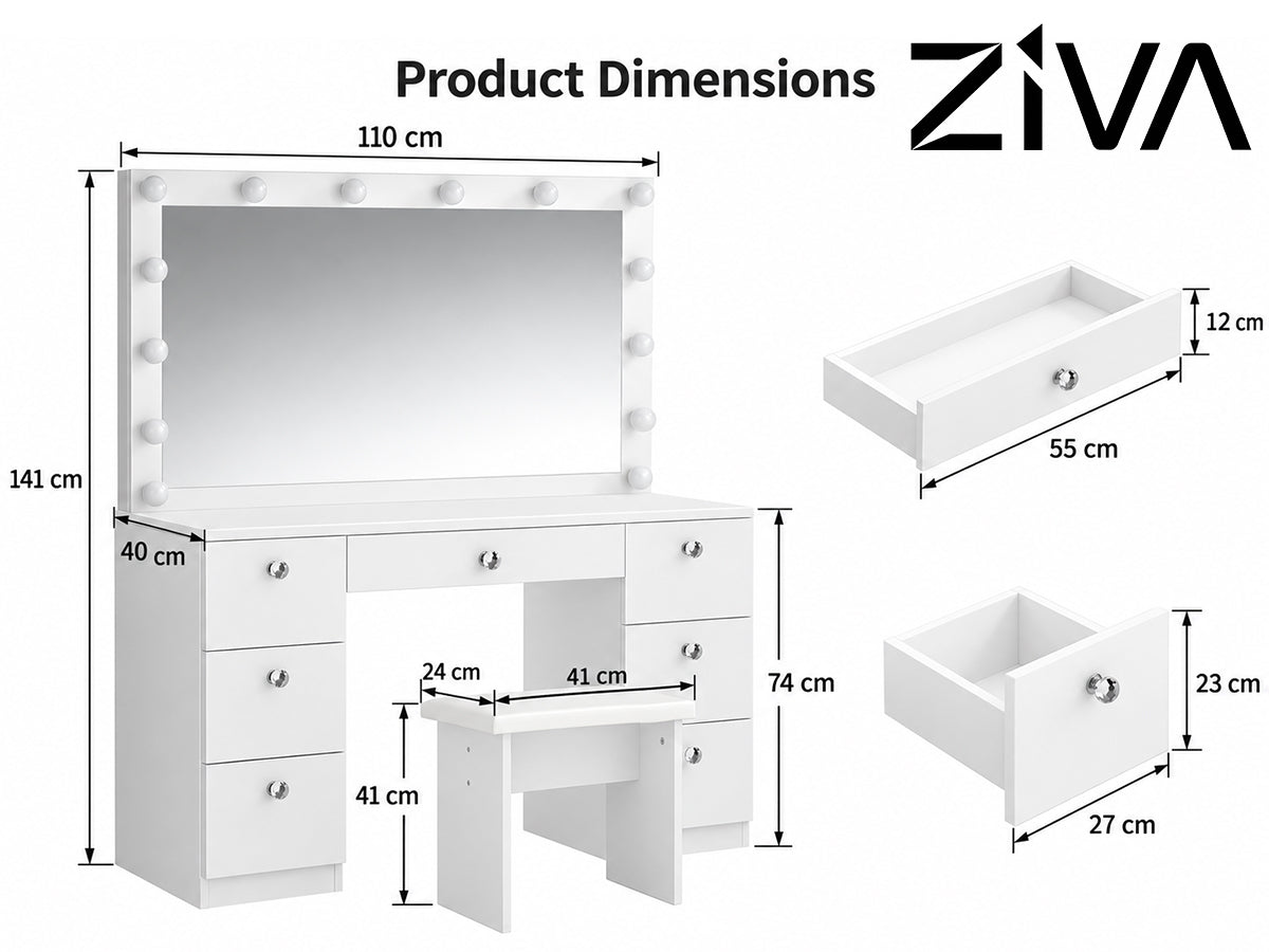 Ziva Dressing Table with Drawers and Lighted Mirror