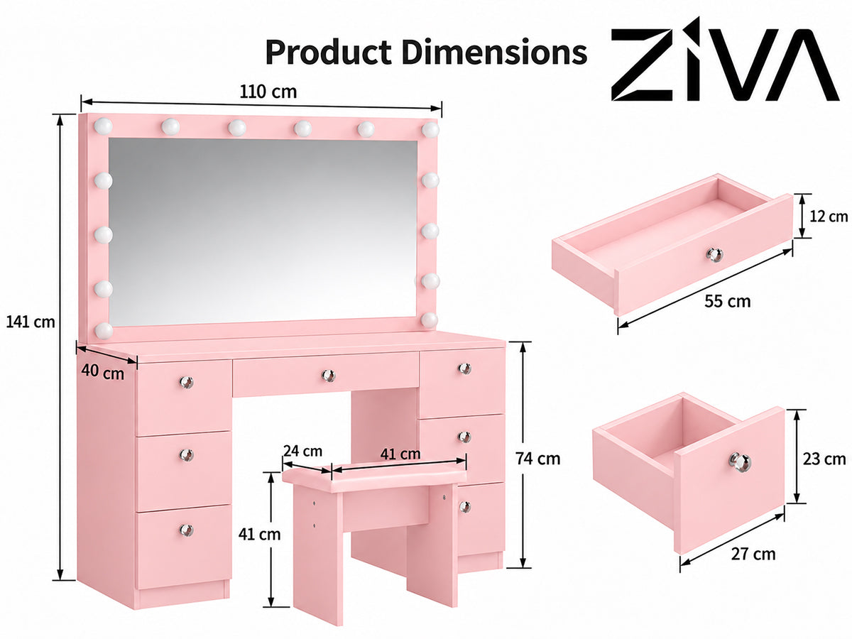 Ziva Dressing Table with Drawers and Lighted Mirror