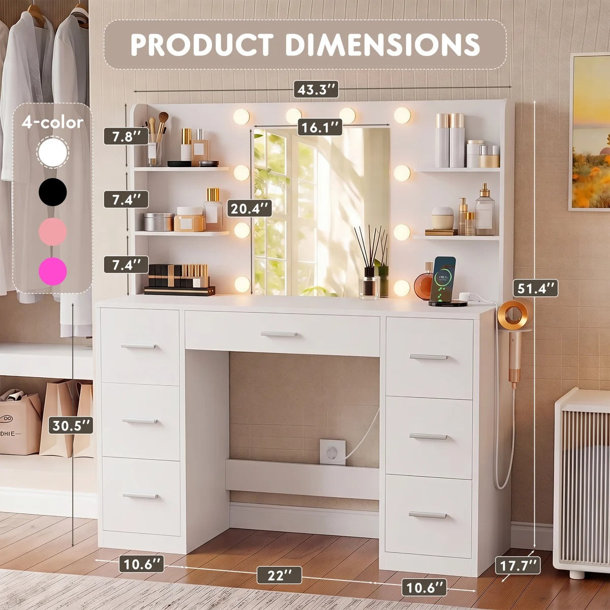 Ziva LED Dressing Table - White