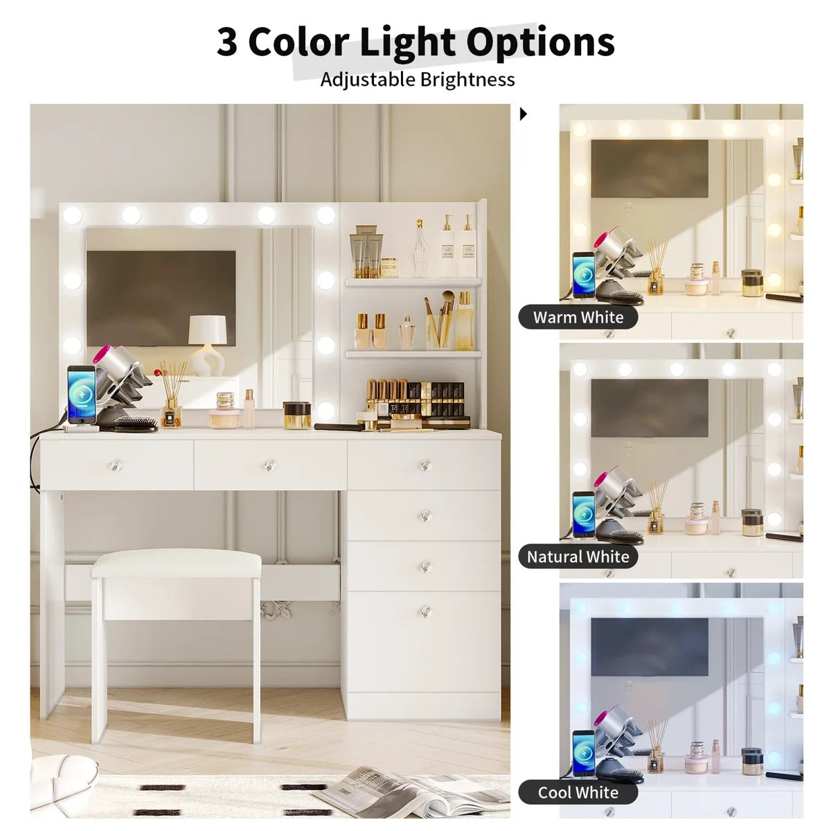 ZiVa Vanity Dressing Table with HD Mirror, Hollywood Lights & Charging Station