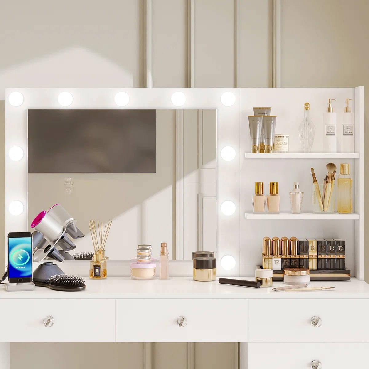 ZiVa Vanity Dressing Table with HD Mirror, Hollywood Lights & Charging Station