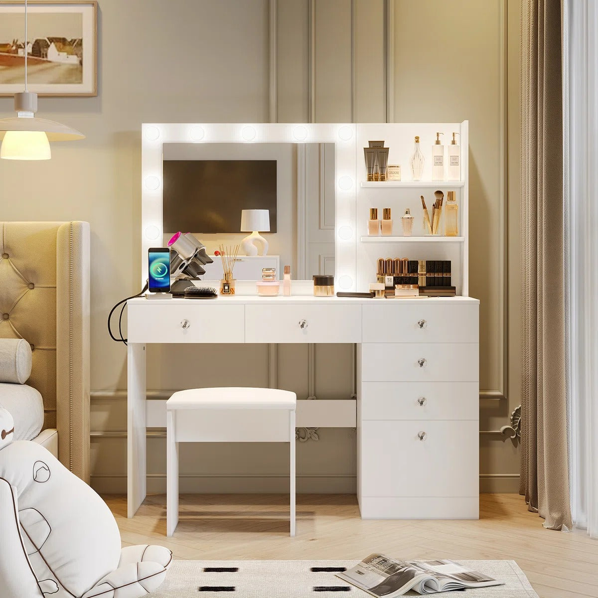 ZiVa Vanity Dressing Table with HD Mirror, Hollywood Lights & Charging Station