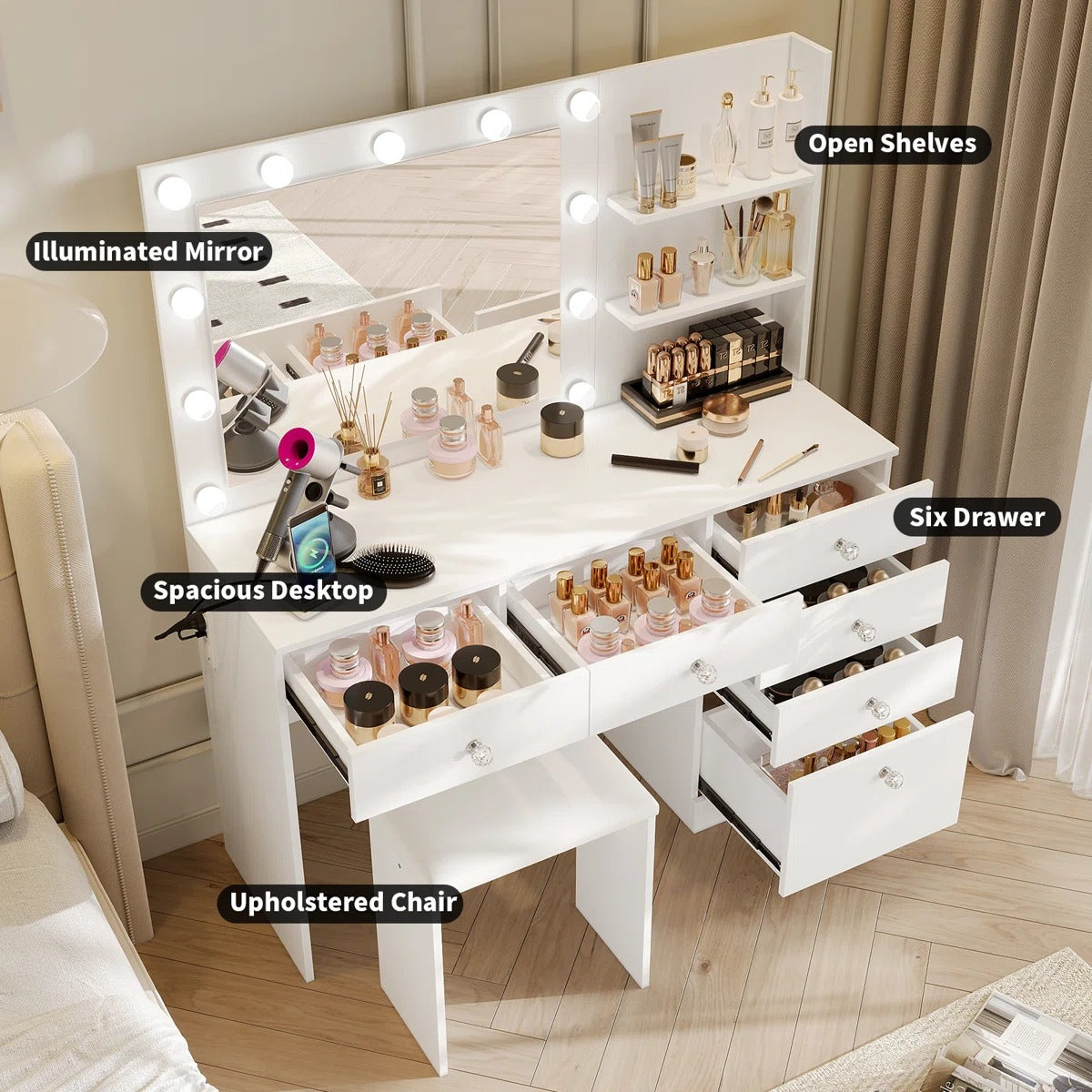 ZiVa Vanity Dressing Table with HD Mirror, Hollywood Lights & Charging Station