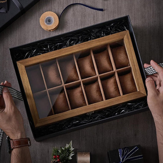 Watch Box With Glass Lid 12-Slot- Rustic Walnut