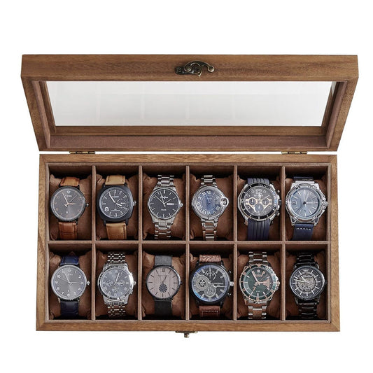 Watch Box With Glass Lid 12-Slot- Rustic Walnut