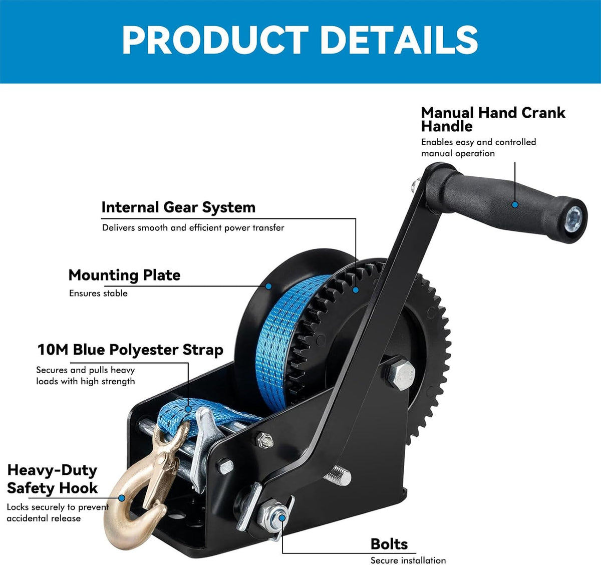 Boat Trailer Winch 3500lb Dual Speed 10m Strap Hand Winch