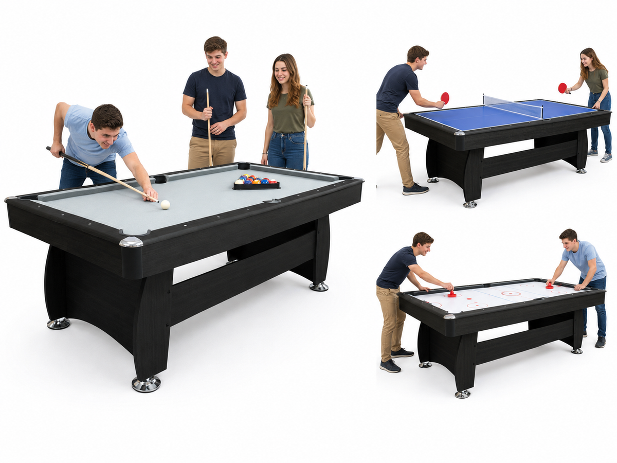 3 in 1 Pool Table Hockey Tennis Table – 7FT 18mm MDF Multi-Game Table with Electronic Hockey Puck