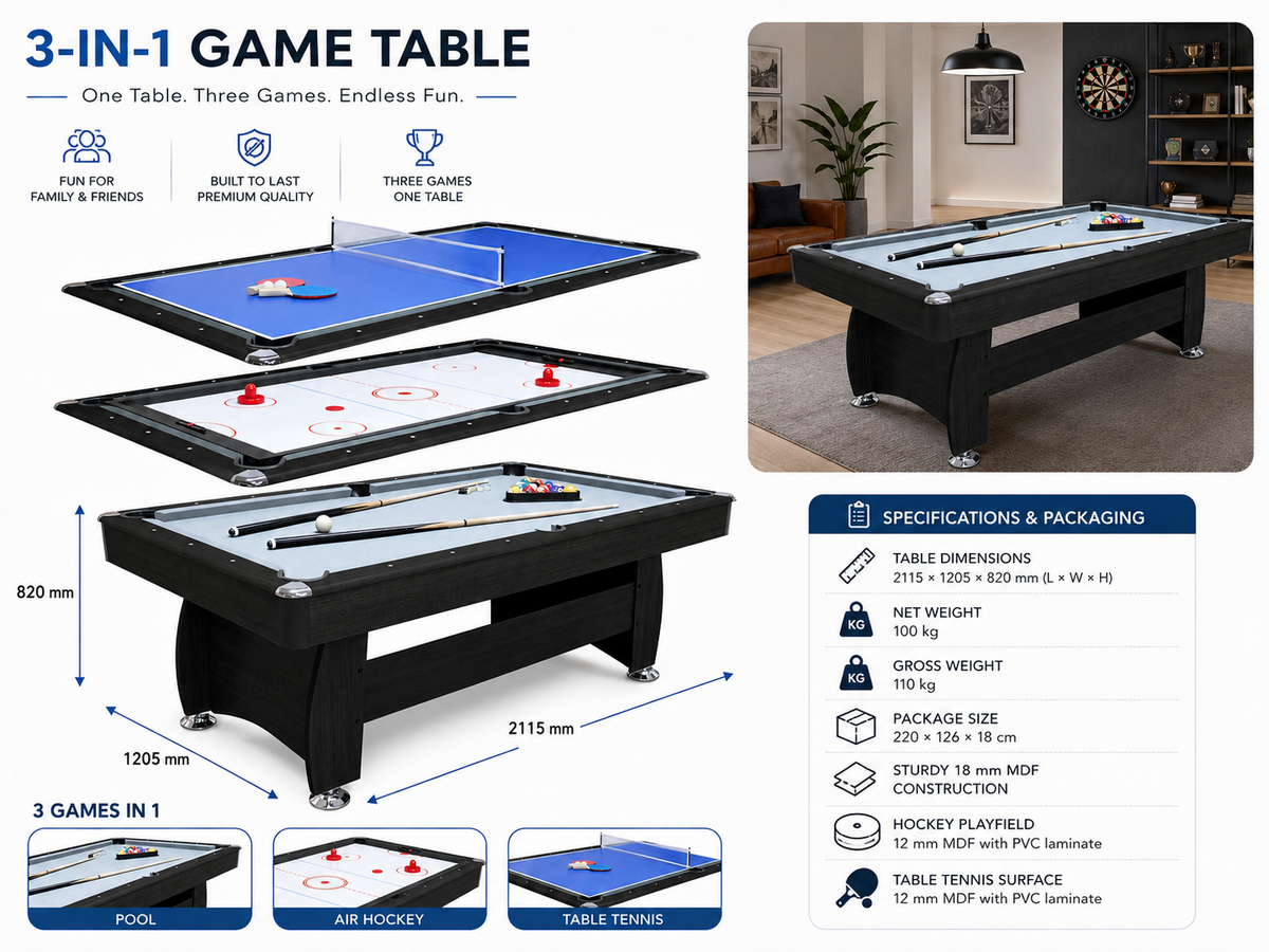 3 in 1 Pool Table Hockey Tennis Table – 7FT 18mm MDF Multi-Game Table with Electronic Hockey Puck