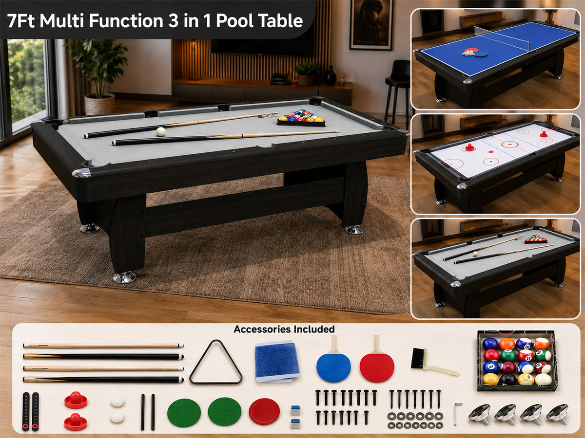 3 in 1 Pool Table Hockey Tennis Table – 7FT 18mm MDF Multi-Game Table with Electronic Hockey Puck