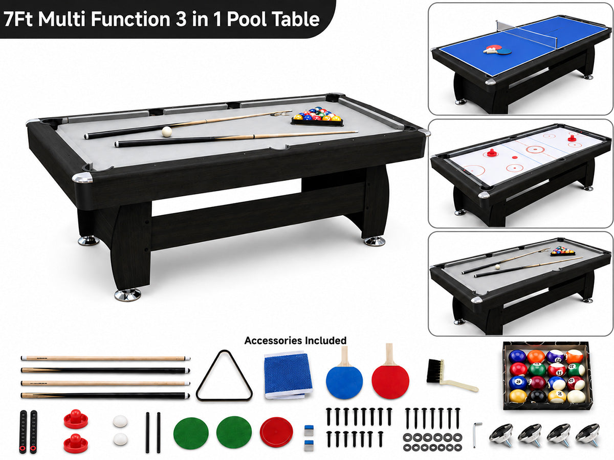 3 in 1 Pool Table Hockey Tennis Table – 7FT 18mm MDF Multi-Game Table with Electronic Hockey Puck