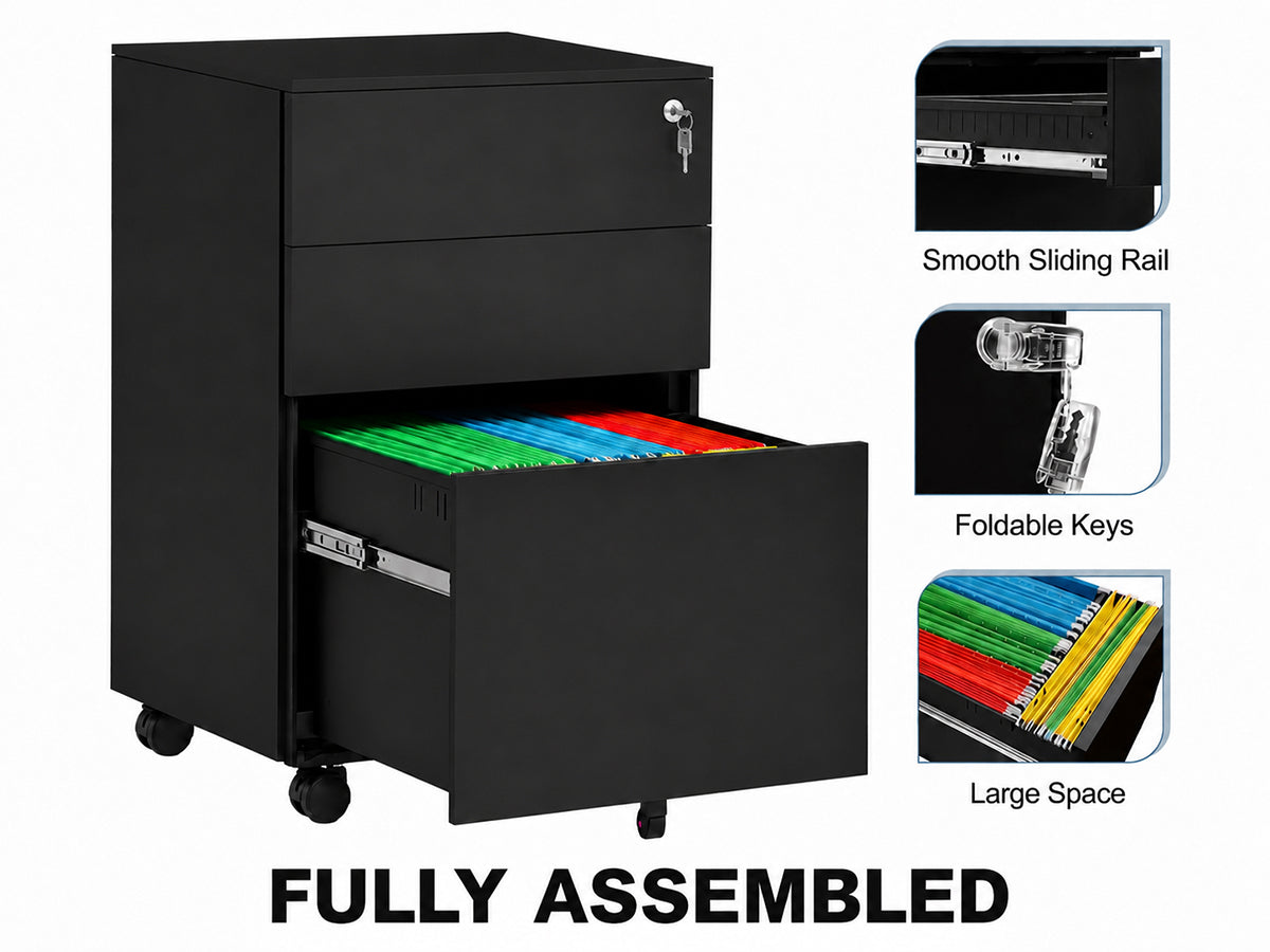 Office Cabinet with Wheels and Lock - Black