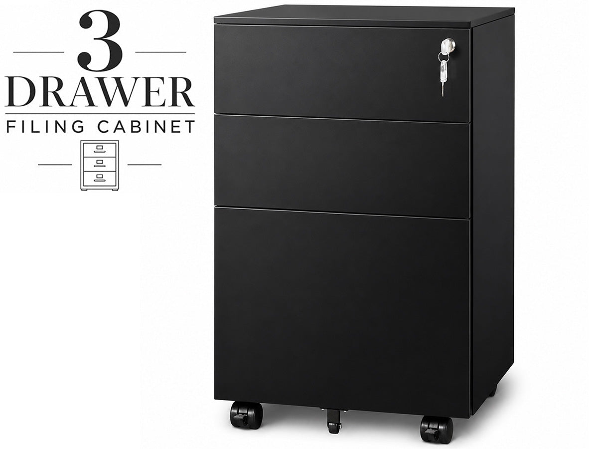 Office Cabinet with Wheels and Lock - Black