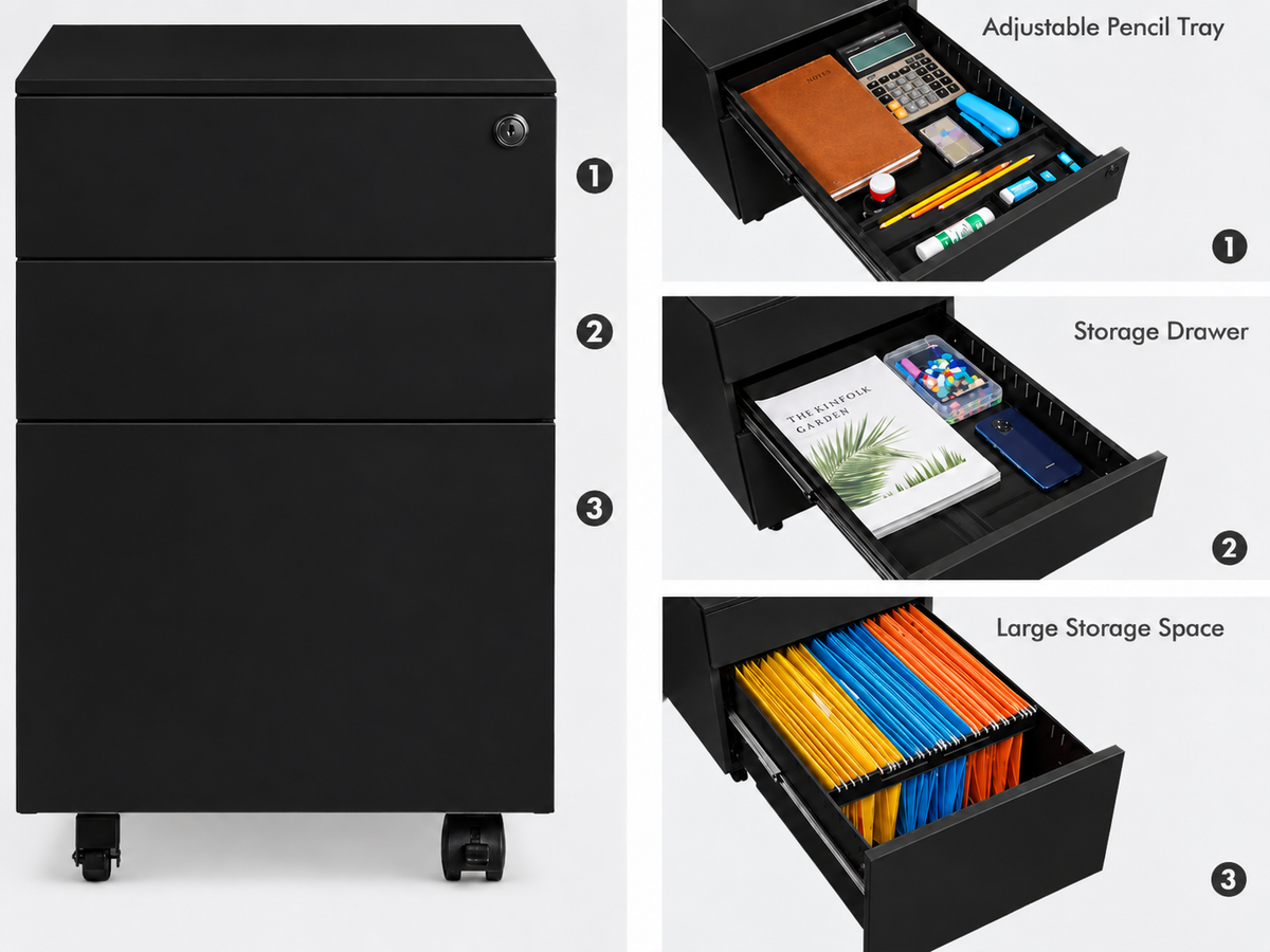 Office Cabinet with Wheels and Lock - Black