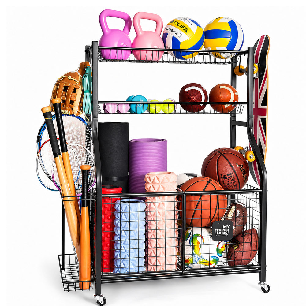 Sports Equipment Organizer Storage with Wheels Multi-Sport Garage Gym