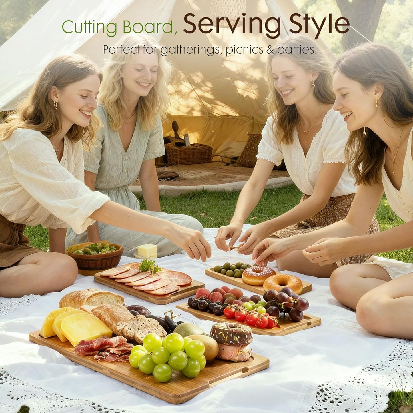 3Pcs Bamboo Cutting Board Set with Stand Reversible Chopping Boards
