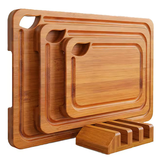 3Pcs Bamboo Cutting Board Set with Stand Reversible Chopping Boards